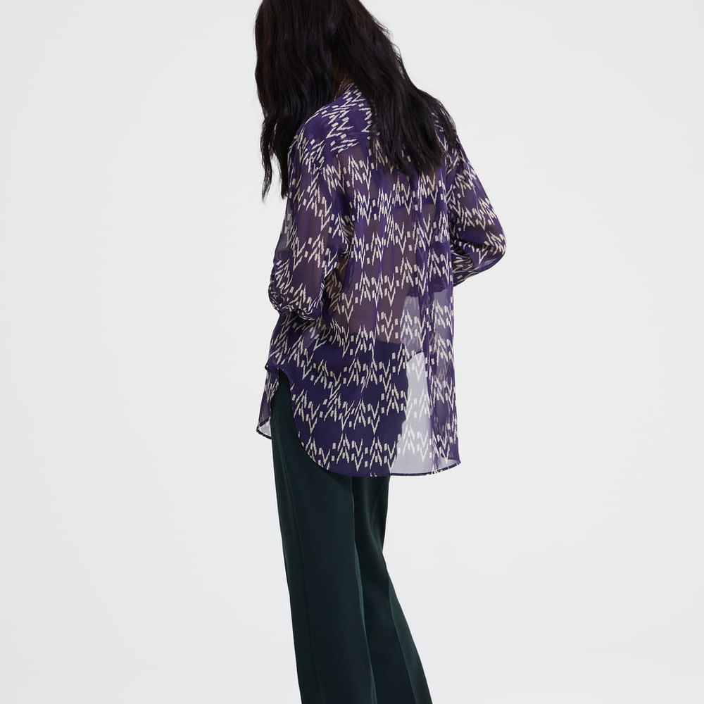 New ZARA Blouse Semi Sheer Navy Blue Button Shirt - Picture 2 of 5